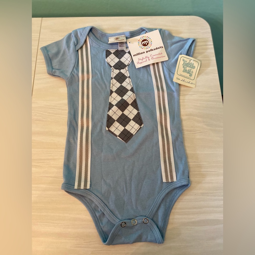 👶🏻 NWT Million Polkadots Baby 12-18 mos Argyle Tie Print Romper